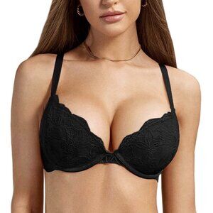 DOBREVA Women's Push Up Lace Bra Underwire Plunge Full Coverage Black Size 36D